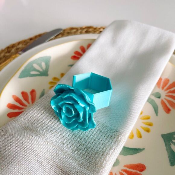 Elegant Rose Napkin Rings – Cyan Blue - Handmade - Wedding Party Event Planner - Picture 8 of 13